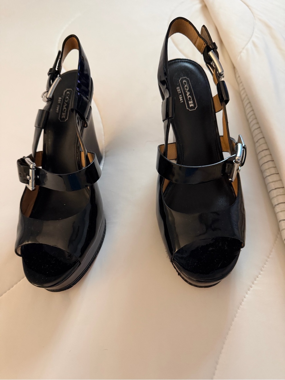 COACH Black Patent Leather Peep-Toe Slingback Wedges